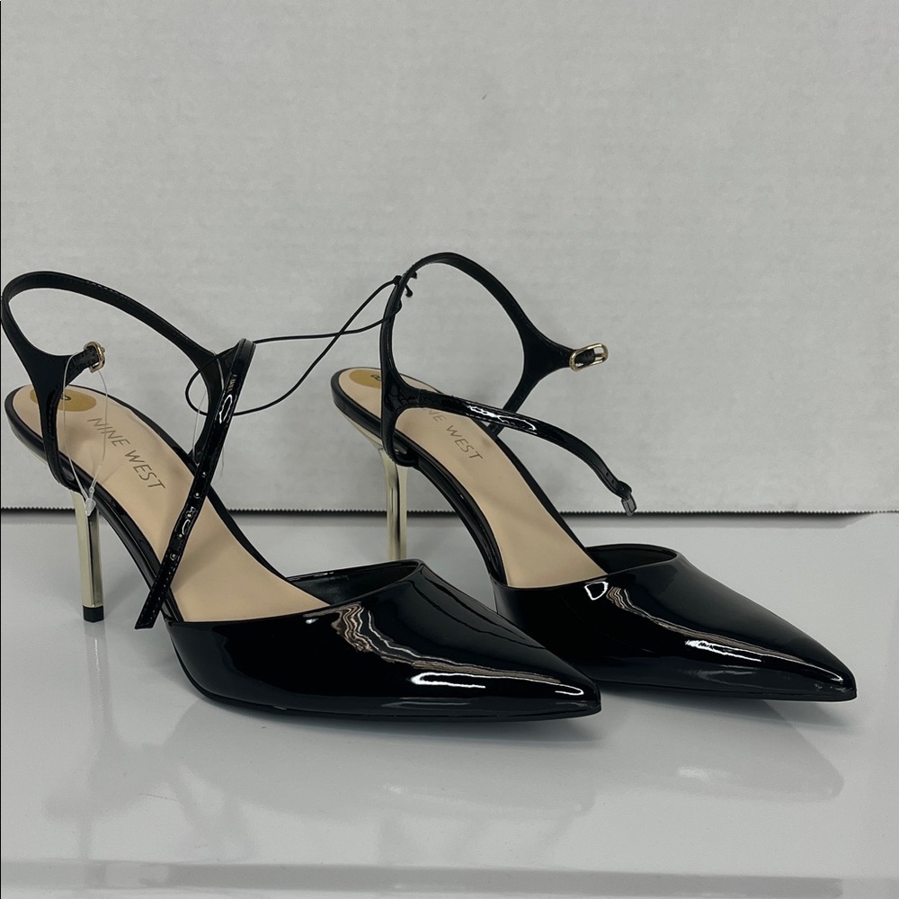 Nine West Glossy Black Heels with Gold Accents